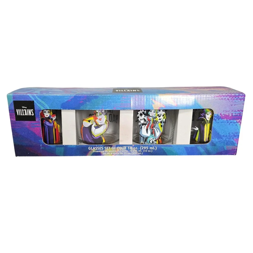 Disney Villains Glassware Set 4pc 10oz Ursula Maleficent Cruella Evil Queen NEW